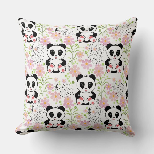 Panda cubflowers, pink, children's, throw pillow (Front)