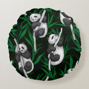 Panda cubs on dark green round pillow