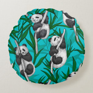 Panda cubs on turquoise round pillow