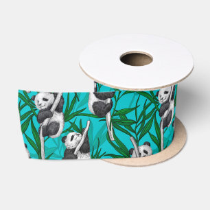 Panda cubs on turquoise satin ribbon