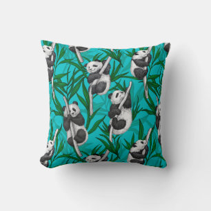 Panda cubs on turquoise throw pillow