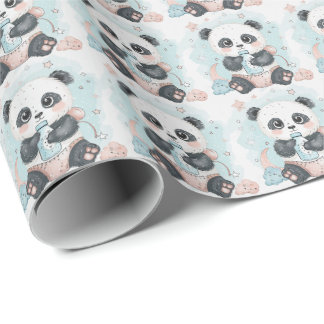 Panda Cute Baby Pastel Watercolor Pattern  Wrapping Paper