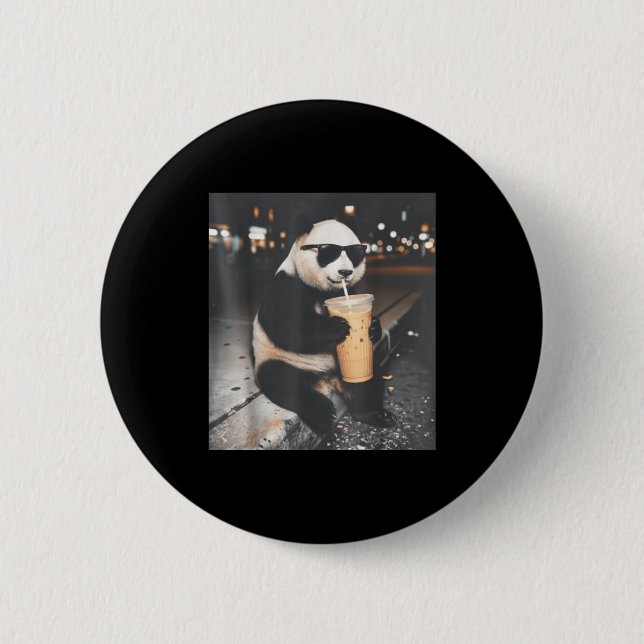 Panda drinking iced coffee funny animal meme men 2 inch round button (Front)