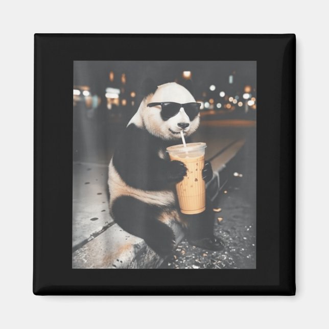Panda drinking iced coffee funny animal meme men magnet (Front)