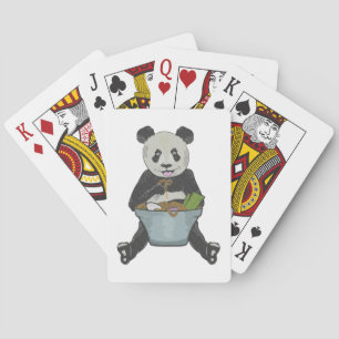 Panda eating ramen noodles playing cards