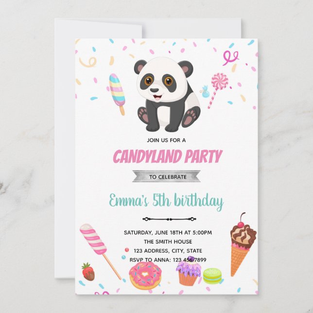 Panda et bonbons thème d'anniversaire Invitation (Devant)