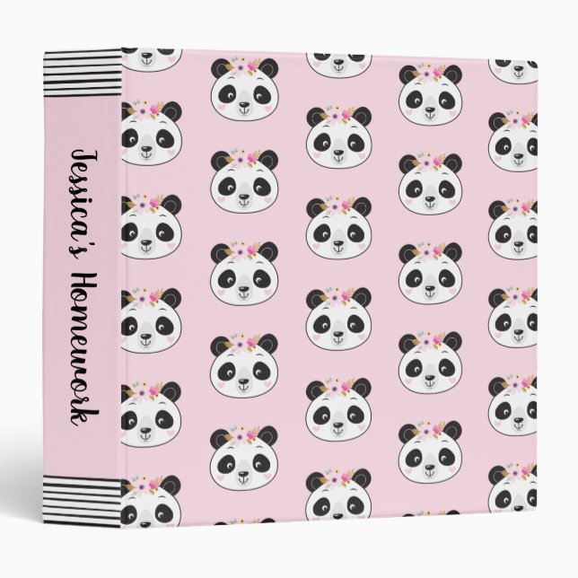 Panda Face Pattern Cute Pink School Binder (Front/Spine)