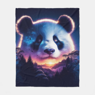 Panda Face with Surreal Forest and Sunset Fleece Blanket