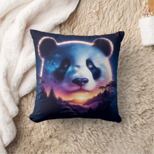 Panda Face with Surreal Forest and Sunset Throw Pillow