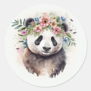 Panda Flowers Watercolor                      Classic Round Sticker