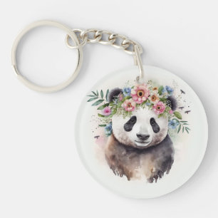 Panda Flowers Watercolor Keychain