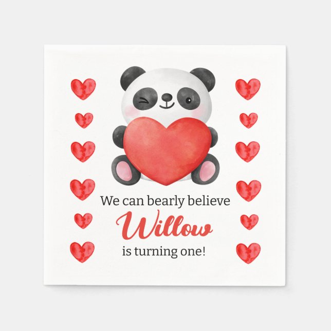 Panda Girl with Hearts Valentine First Birthday In Napkin (Front)