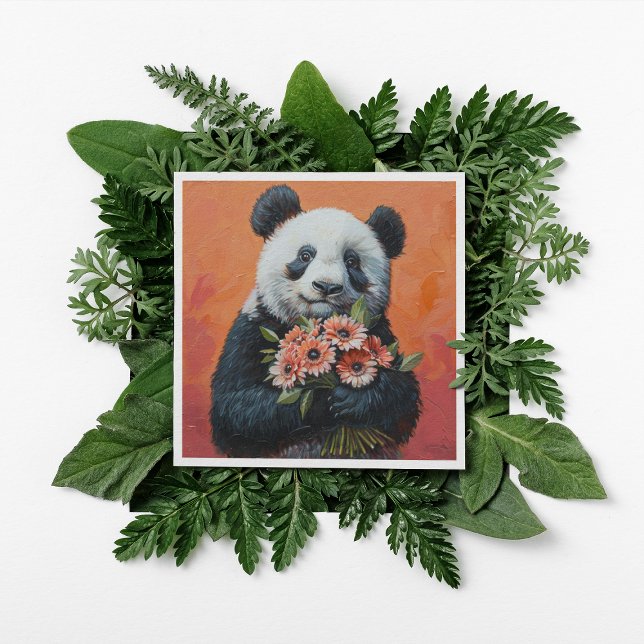 Panda holding flowers, customizable holiday card (Creator Uploaded)