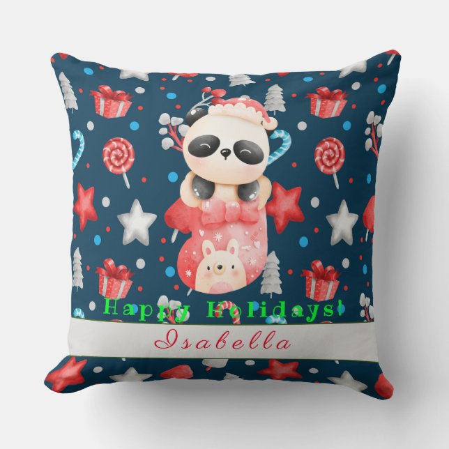 Panda Holidays Customize Text and Name 20"X20" Throw Pillow (Front)