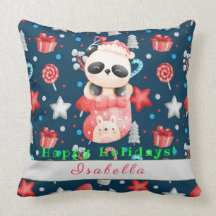 Panda Holidays Customize Text and Name 20"X20" Throw Pillow