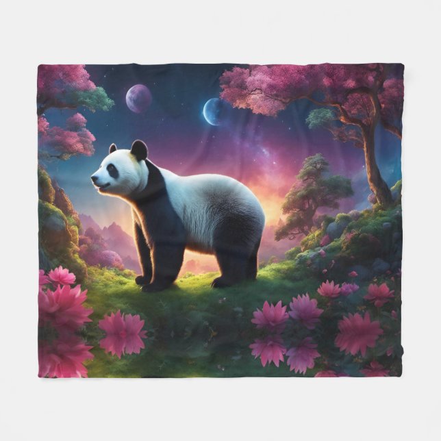 Panda in a Fantasy Garden Fleece Blanket (Front (Horizontal))