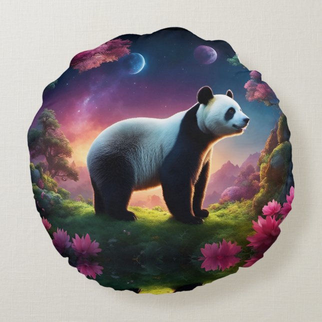 Panda in a Fantasy Garden Round Pillow (Back)