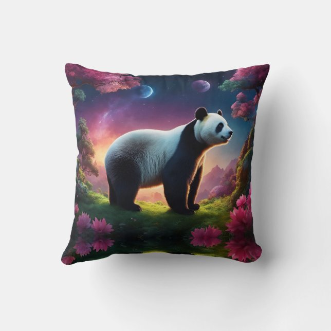 Panda in a Fantasy Garden Throw Pillow (Back)