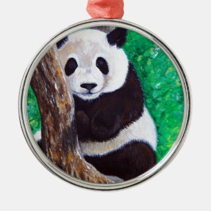 Panda in a Tree Painting Metal Ornament