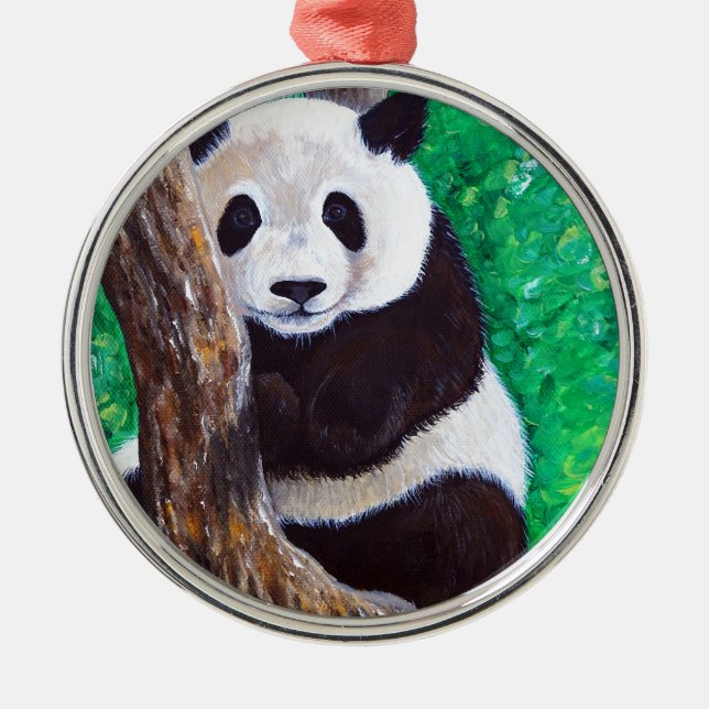 Panda in a Tree Painting Metal Ornament (Front)