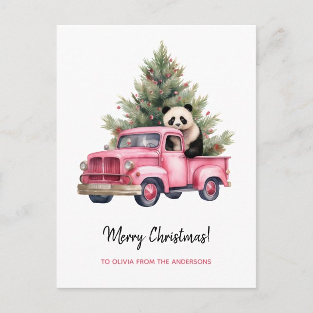 Panda in Pink Vintage Truck Christmas Holiday Postcard (Front)