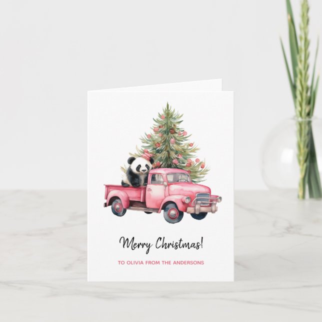 Panda in Retro Pink Truck Christmas tree Card (Front)
