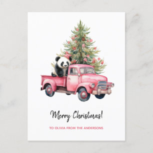 Panda in Retro Pink Truck Christmas tree Holiday Postcard