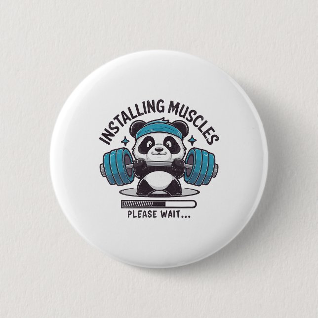 Panda Installing Muscles Please Wait Weightlifter  2 Inch Round Button (Front)