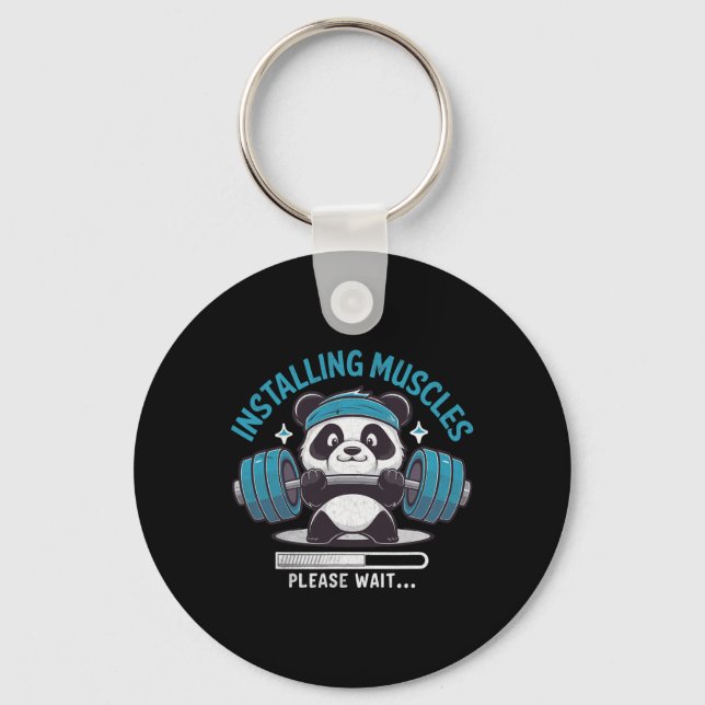 Panda Installing Muscles Please Wait Weightlifter  Keychain (Front)