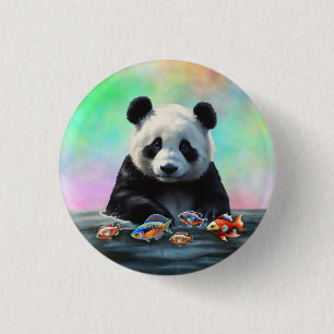Panda is Gazes at Colorful Swimming Fish 1 Inch Round Button