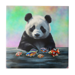Panda is Gazes at Colorful Swimming Fish Tile