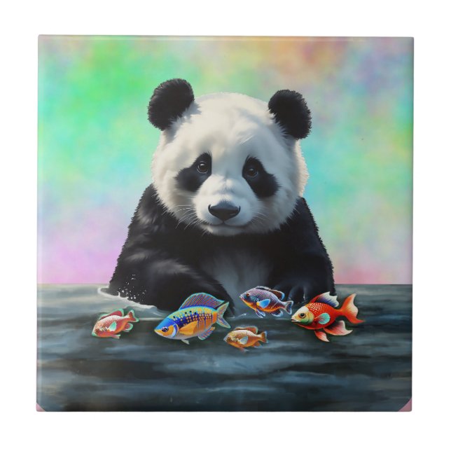 Panda is Gazes at Colorful Swimming Fish Tile (Front)