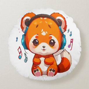 Panda Listening to Kpop Music Round Pillow