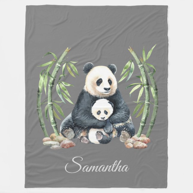 Panda Mama and Baby Personalized Grey Fleece Blanket (Front)