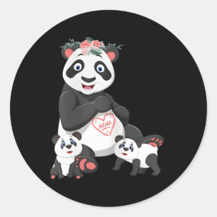 Panda Mama Bear Two Cubs Floral Love Classic Round Sticker