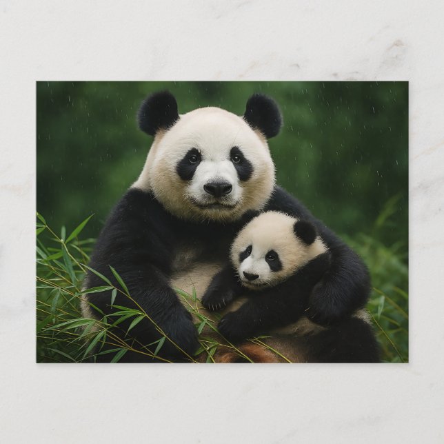 Panda Mother & Cub in Gentle Rain Postcard (Front)