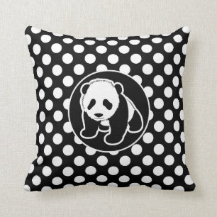 Panda on Black and White Polka Dots Throw Pillow