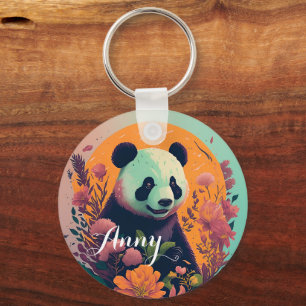 Panda on sunset with flowers, floral keychain