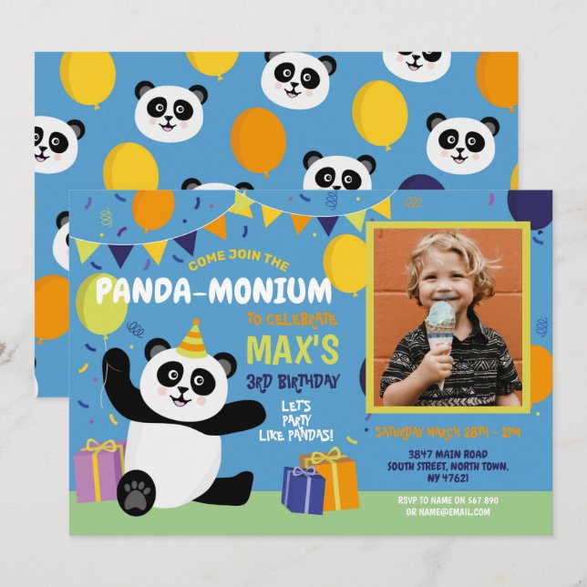 Panda Party Birthday Panda-monium Photo Boy Invitation (Front/Back)