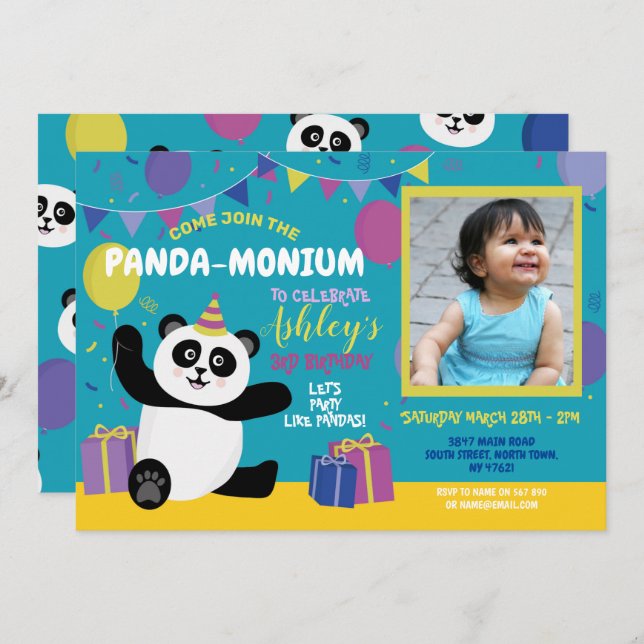Panda Party Birthday Panda-monium Photo Invitation (Front/Back)