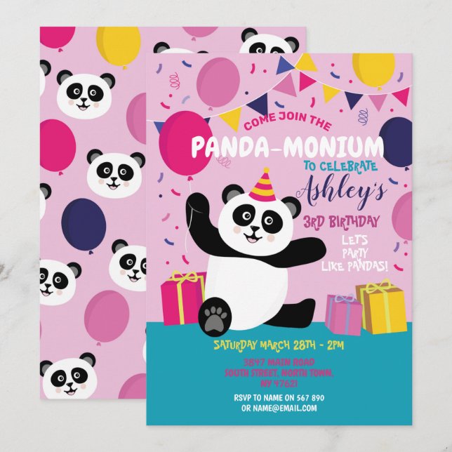 Panda Party Birthday Panda-monium Pink Invitation (Front/Back)