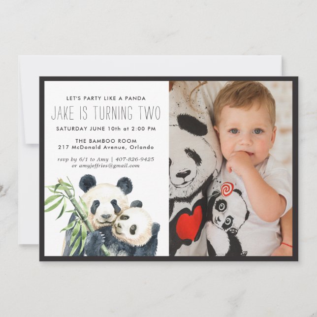 Panda Party | Monochrome & Photo Invitation (Front)