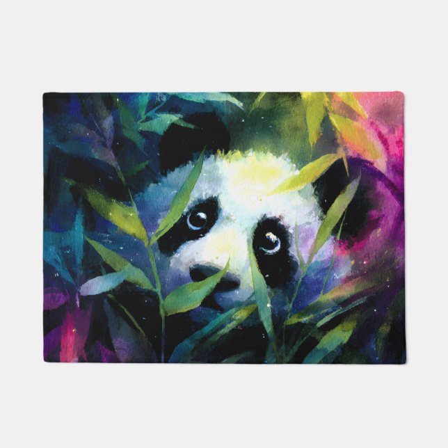 Panda Peeking Bamboo Watercolor Doormat (Front)