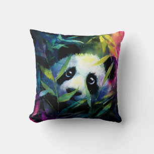 Panda Peeking Bamboo Watercolor Throw Pillow
