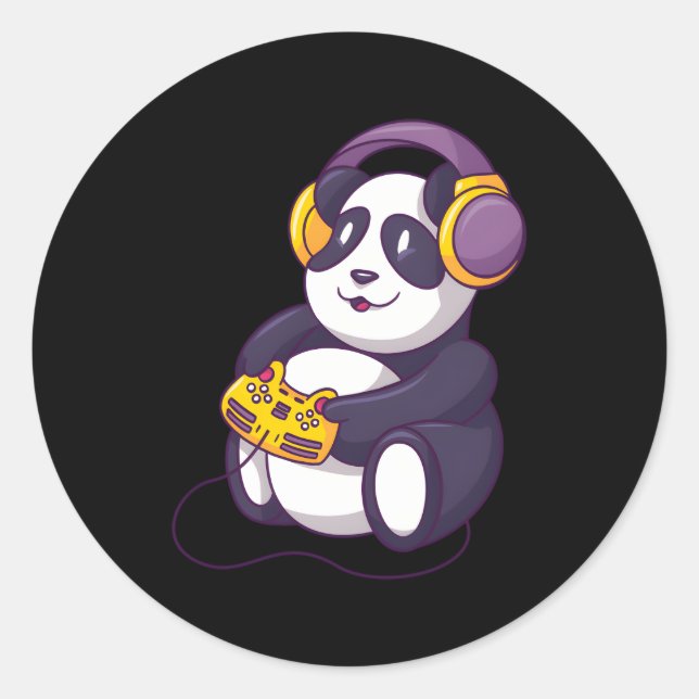 Panda Playing Video Games Wearing Headphones Classic Round Sticker (Front)