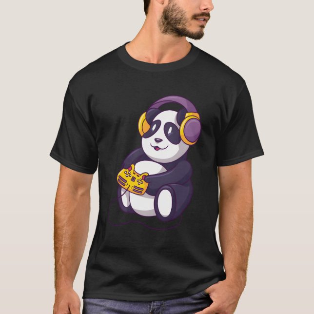 Panda Playing Video Games Wearing Headphones T-Shirt (Front)
