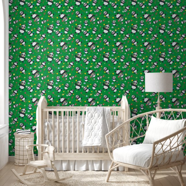 Panda polka dot kids pattern green background wallpaper (Kids)