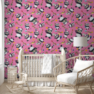 Panda polka dot kids pink peel and stick wallpaper