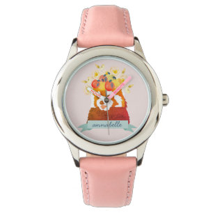 Panda rouge avec montre rose de la couronne de fle