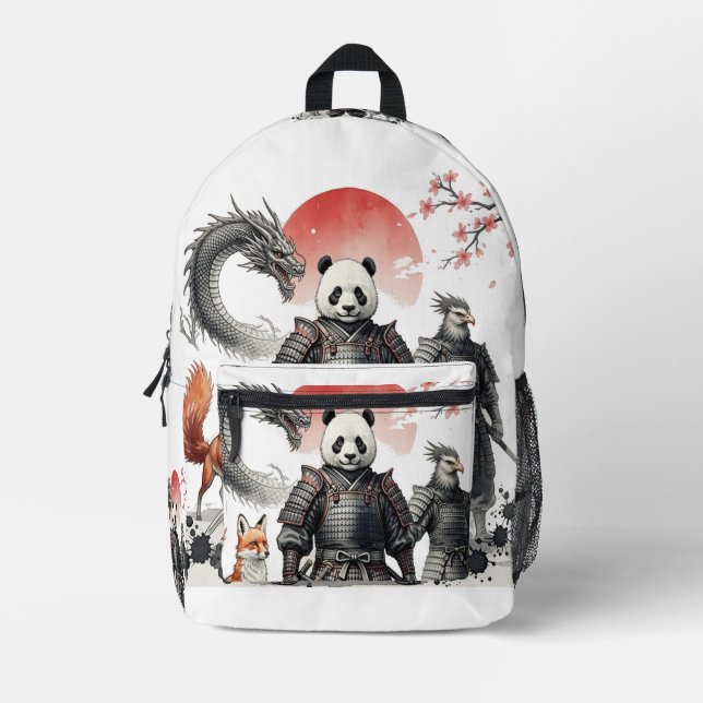 Panda Samurai & Mythical Warriors Fantasy Art Printed Backpack (Front)